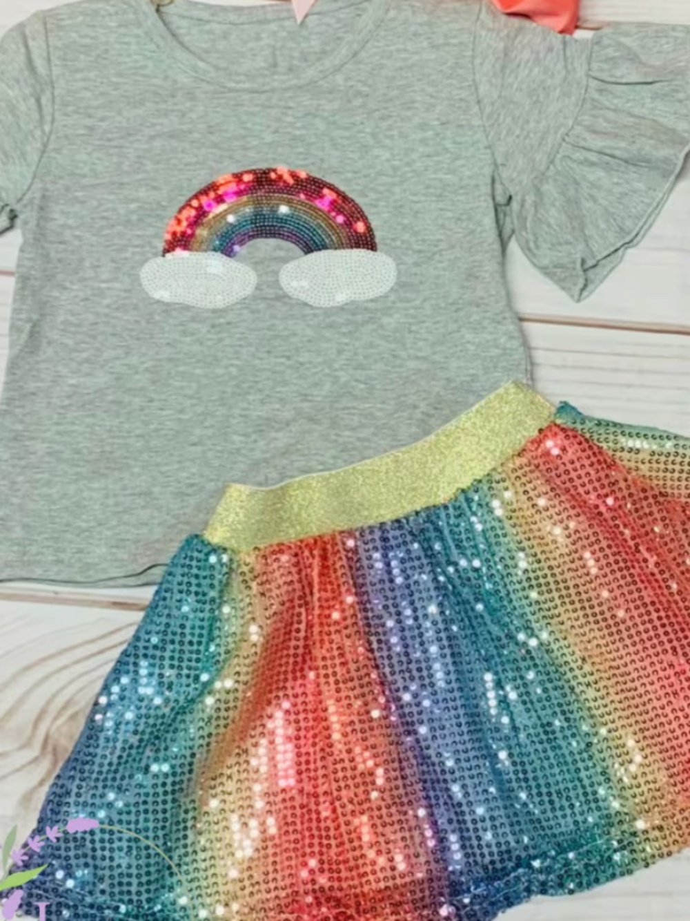 Sequin Rainbow Short Sleeve Shirt w/ Matching Sequin Skirt
